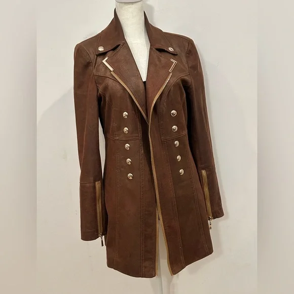 Mahogany Brown Military Style Faux Leather Jacket EUC SZ 10 Fitted Slimming - Picture 1 of 9